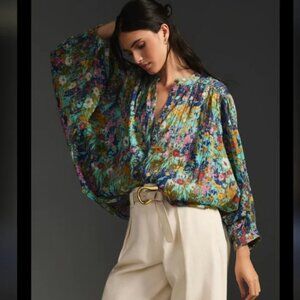 Pilcro Blue Floral Dolman Batwing Sleeve Button Front The Sydney Top Womens XL
